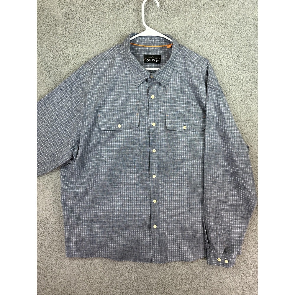Orvis Shirt Mens 2XL Blue Gray Plaid Button Down Long Sleeve Outdoor Fishing Men